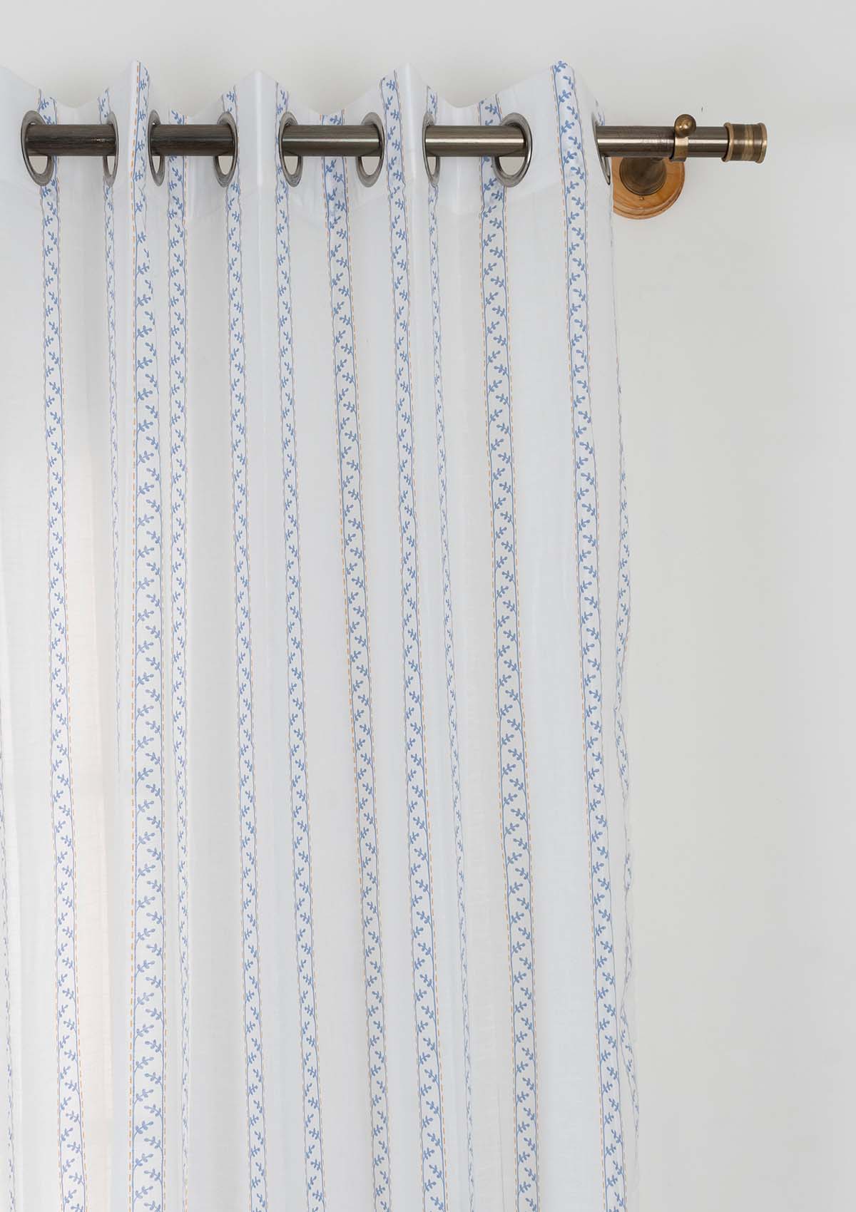 Oriental Stripes Geometric printed 100% Cotton Sheer curtain for Living room & bedroom - Light filtering - Powder Blue - Single Panel