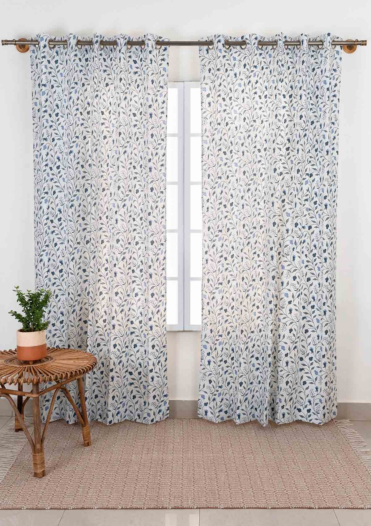 Blue Ruby floral prints 100% cotton curtain for living room - Room darkening - Indigo - Single Panel