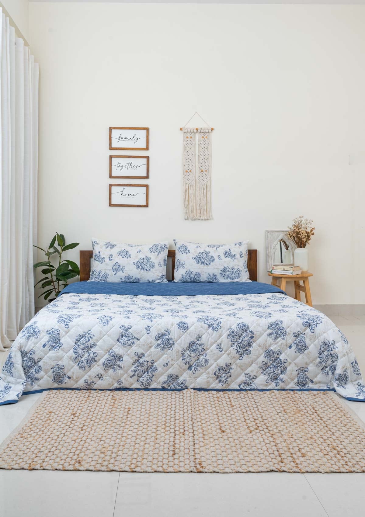 Bird Song floral prints and solid royal blue Reversible 100% cotton cover Quilt with 2 pillow covers.