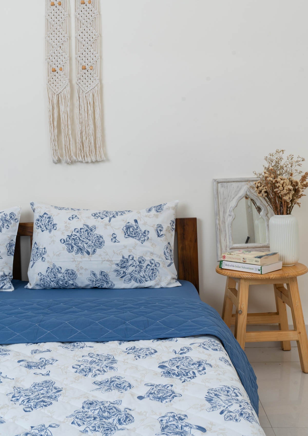 Bird Song floral prints and solid royal blue Reversible 100% cotton cover Quilt with 2 pillow covers.