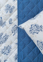 Bird Song floral prints and solid royal blue Reversible 100% cotton cover Quilt with 2 pillow covers.