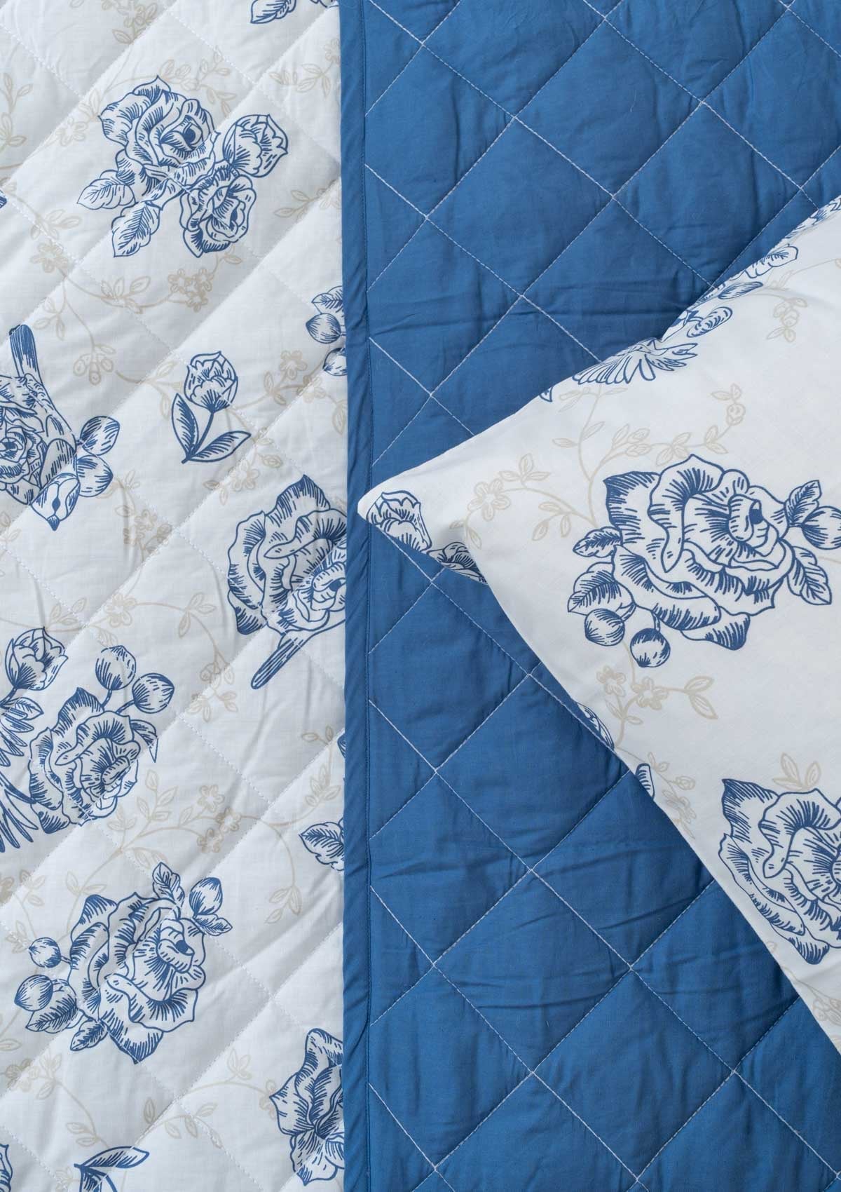 Bird Song floral prints and solid royal blue Reversible 100% cotton cover Quilt with 2 pillow covers.