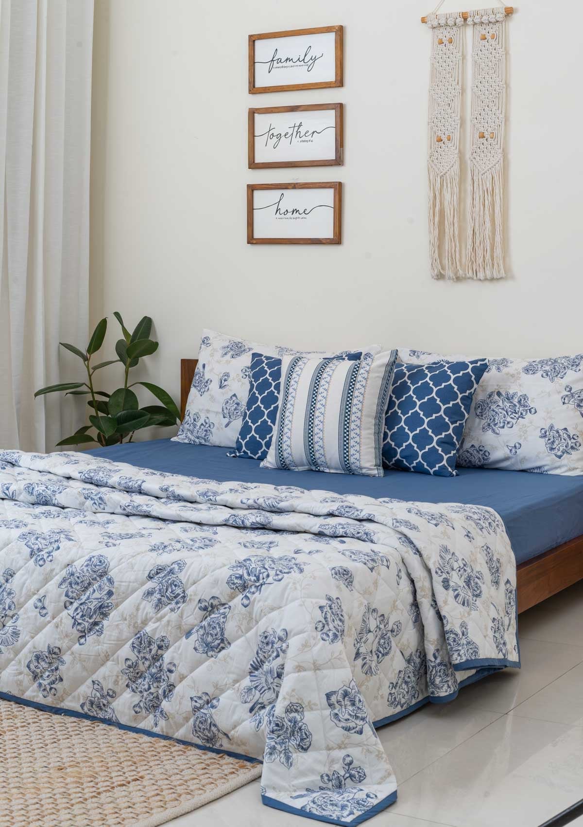 Bird Song floral prints and solid royal blue Reversible 100% cotton cover Quilt with 2 pillow covers.