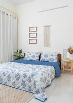 Bird Song floral prints and solid royal blue Reversible 100% cotton cover Quilt with 2 pillow covers.