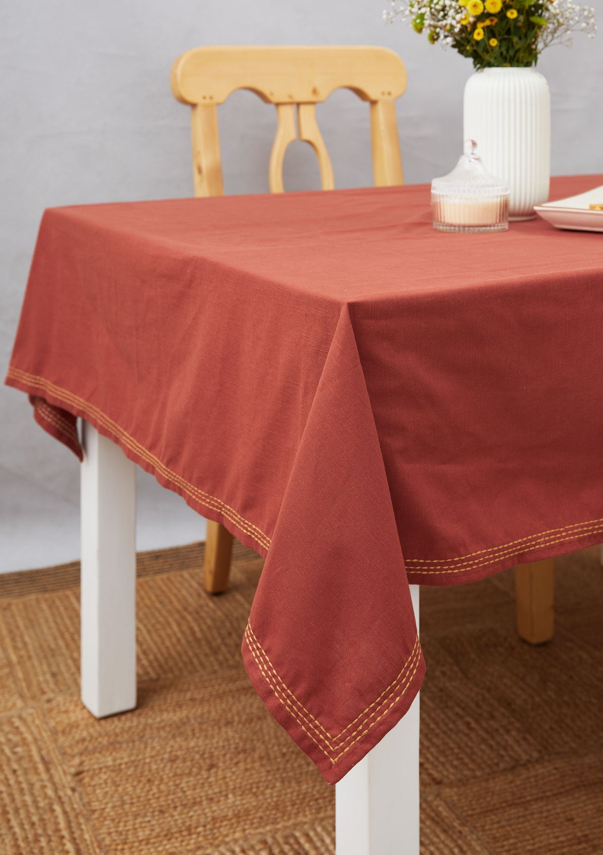 Burnt Brick with border stitch 100% cotton table cloth for 4 seater, 6 seater, 8 seater for dining table - Red