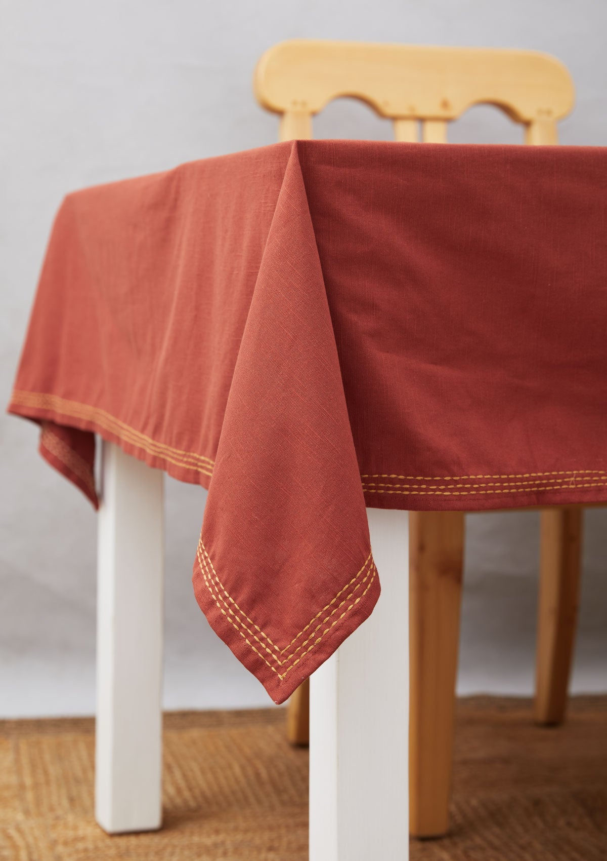 Burnt Brick with border stitch 100% cotton table cloth for 4 seater, 6 seater, 8 seater for dining table - Red