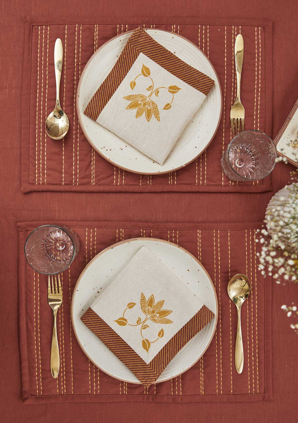 Burnt Brick with border stitch 100% cotton table cloth for 4 seater, 6 seater, 8 seater for dining table - Red