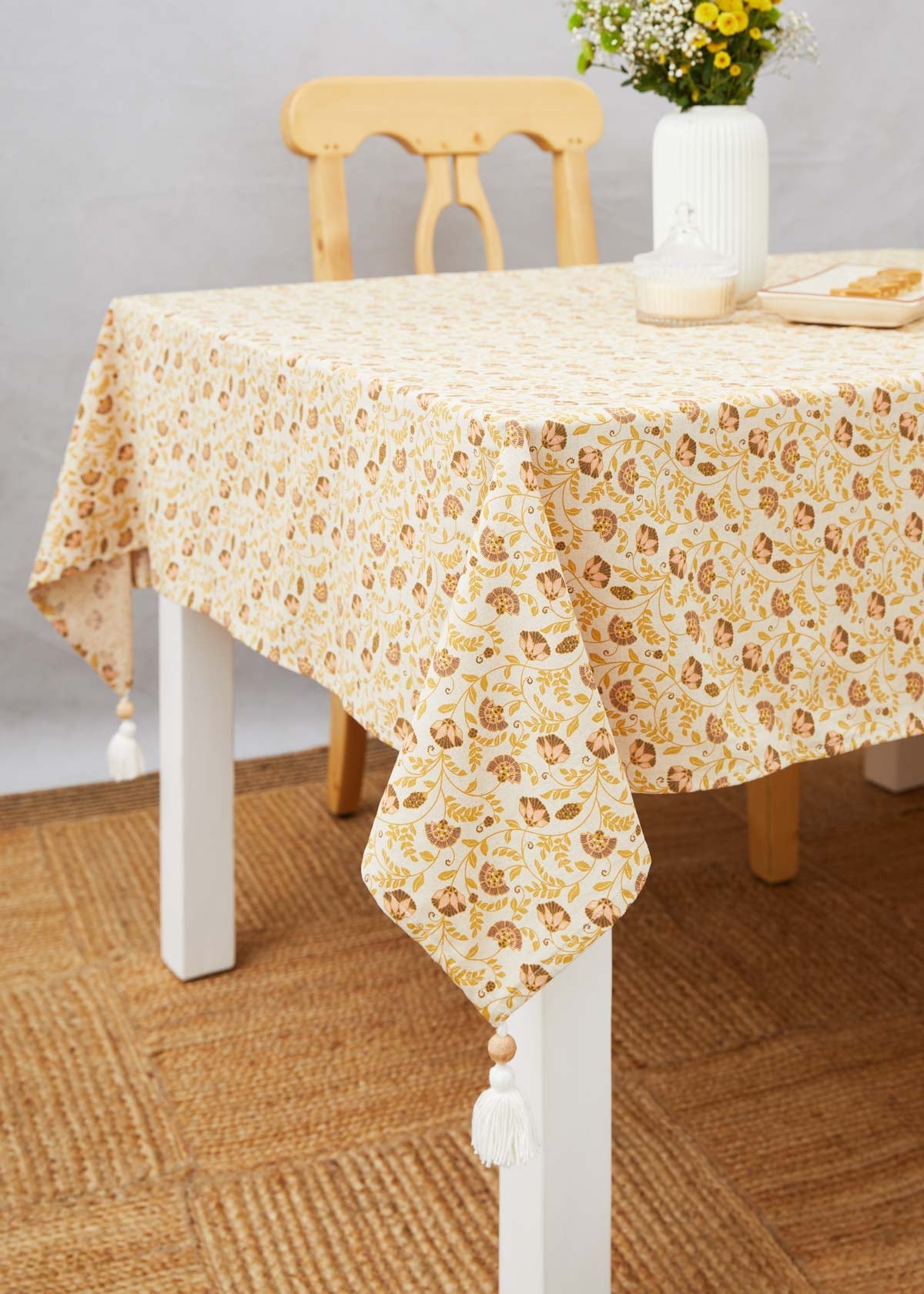 Calico floral Prints with wooden tassle 100% cotton table cloth for 4 seater, 6 seater, 8 seater dining table - Amber
