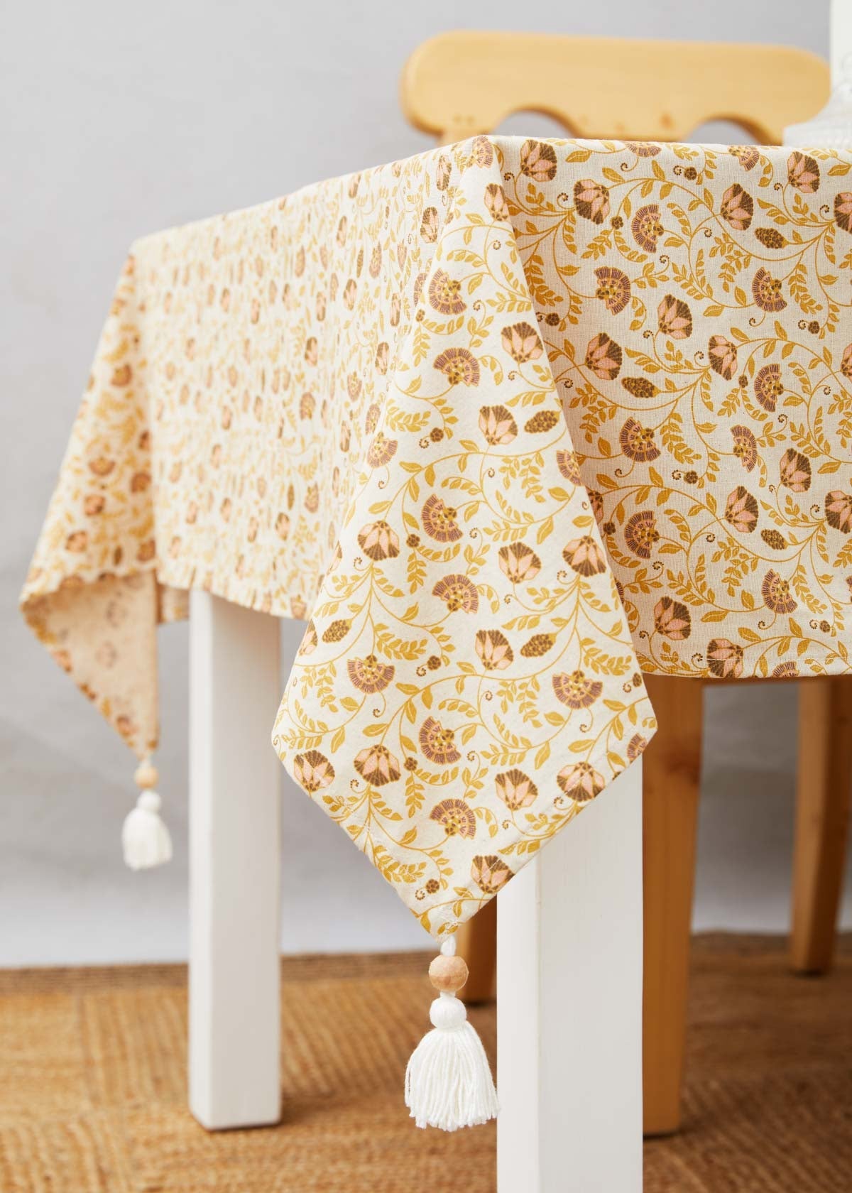 Calico floral Prints with wooden tassle 100% cotton table cloth for 4 seater, 6 seater, 8 seater dining table - Amber