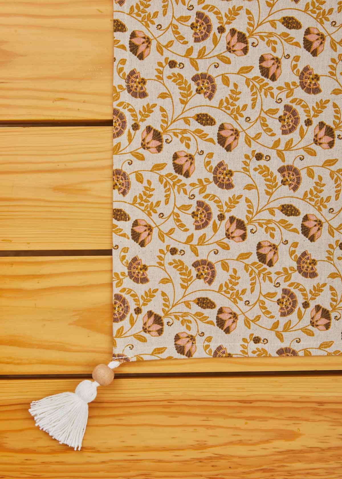 Calico floral Prints with wooden tassle 100% cotton table cloth for 4 seater, 6 seater, 8 seater dining table - Amber