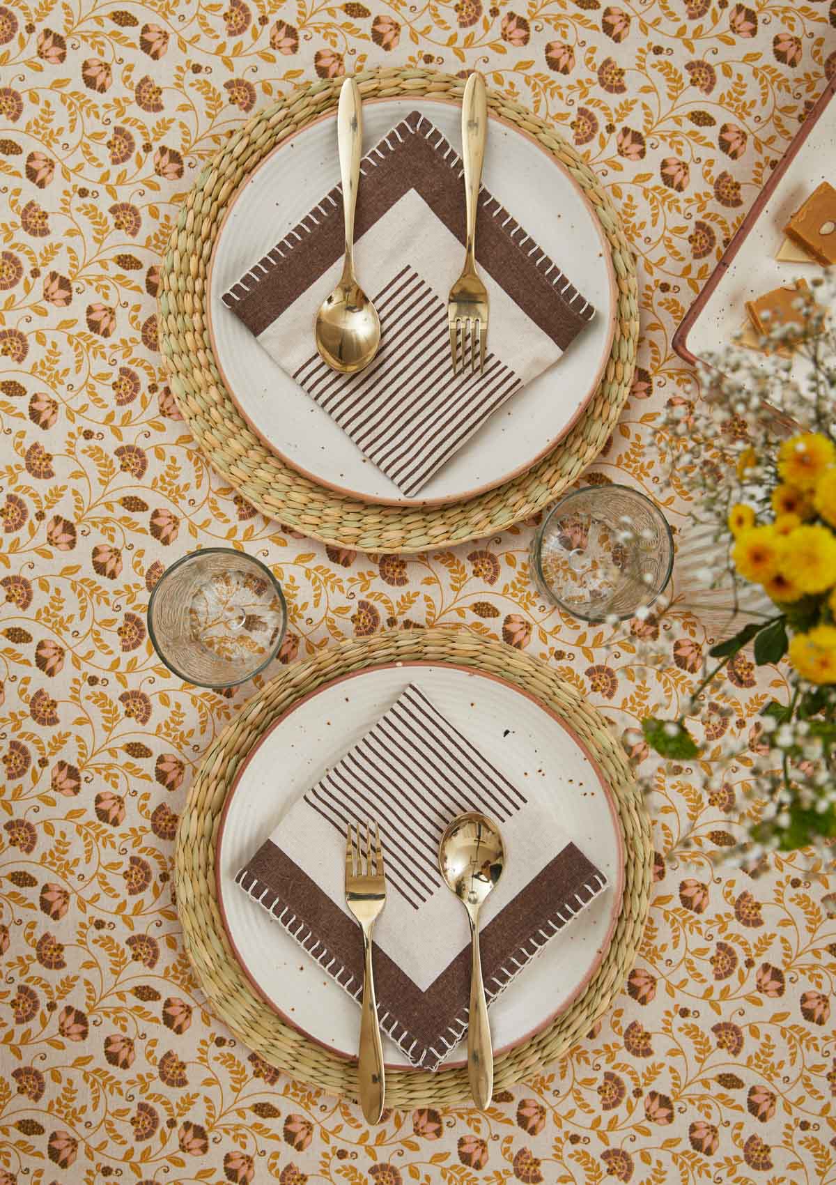 Calico floral Prints with wooden tassle 100% cotton table cloth for 4 seater, 6 seater, 8 seater dining table - Amber
