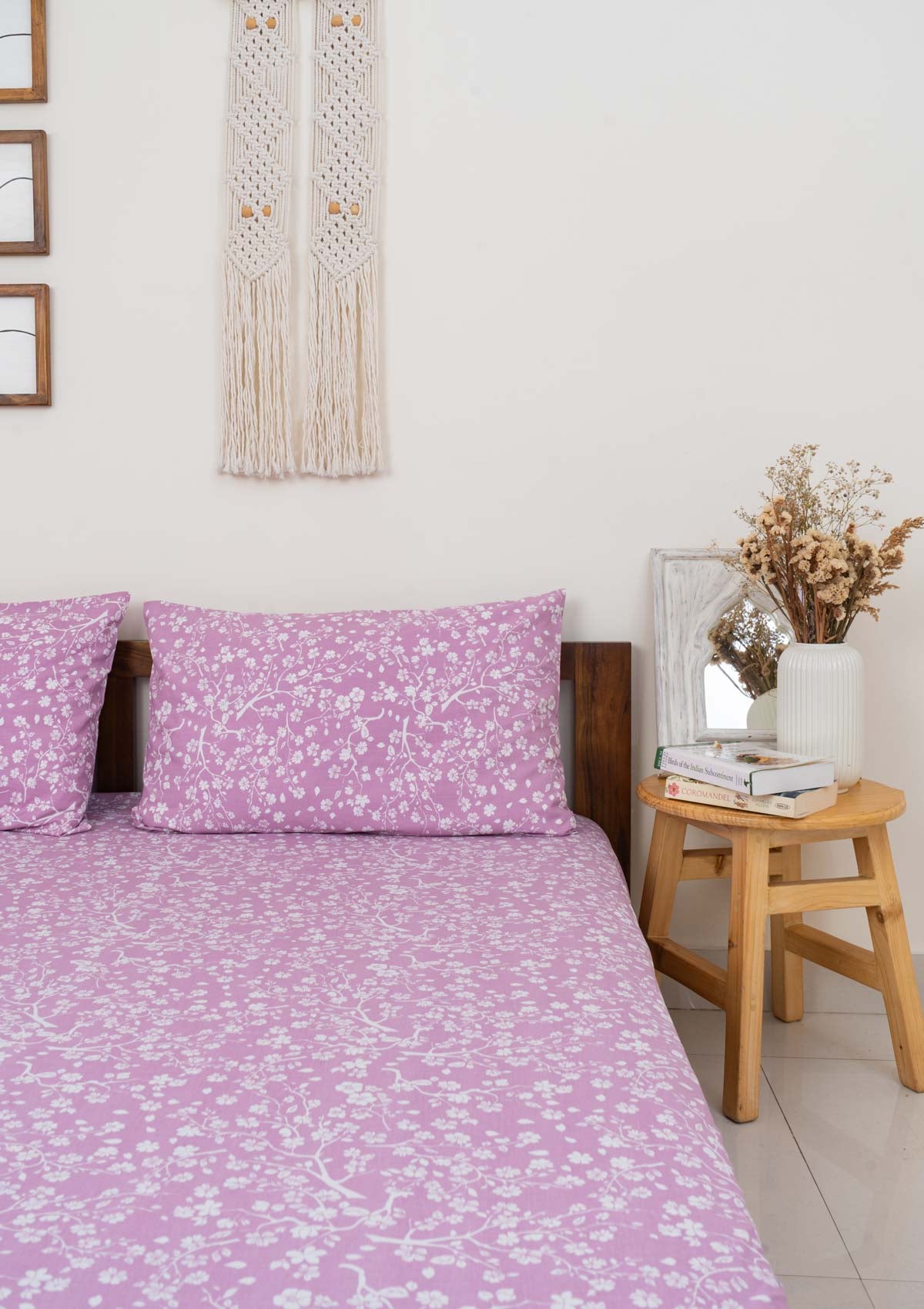 Cherry Blossom floral prints 100% cotton Flat sheet with pillow covers - Lilac