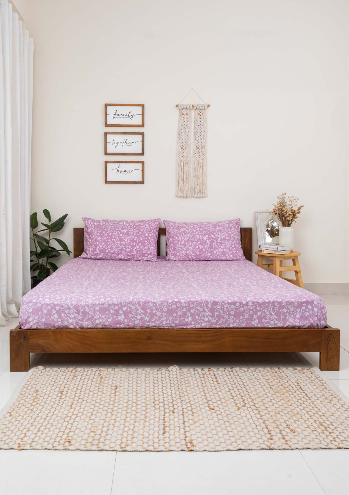 Cherry Blossom floral prints 100% cotton Fitted Sheet - Lilac
