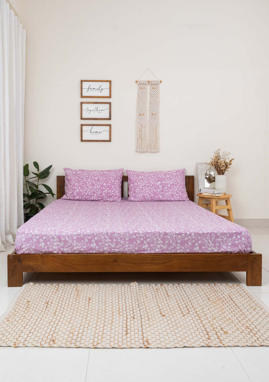 Cherry Blossom floral prints 100% cotton Flat sheet with pillow covers - Lilac