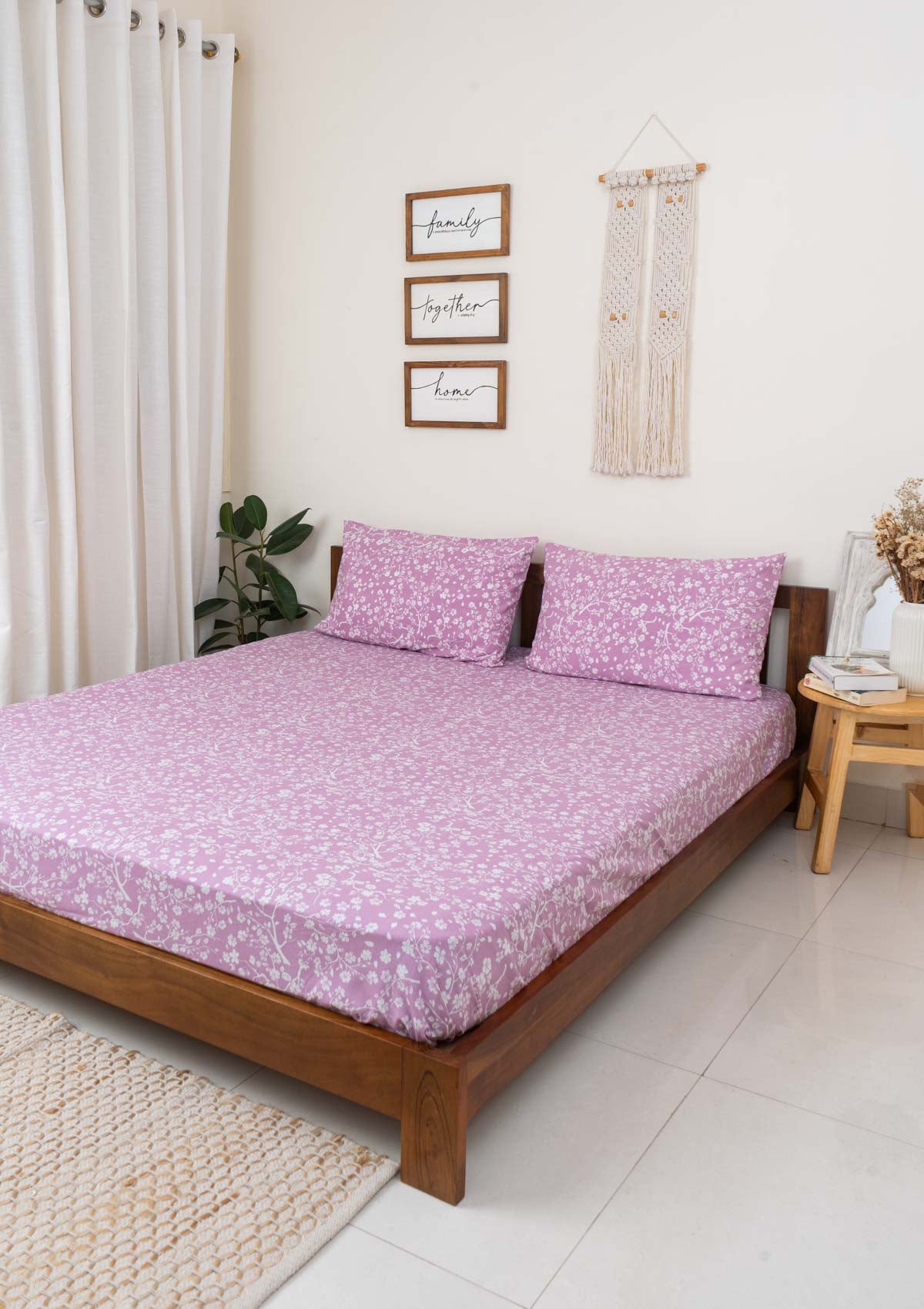 Cherry Blossom floral prints 100% cotton Fitted Sheet - Lilac