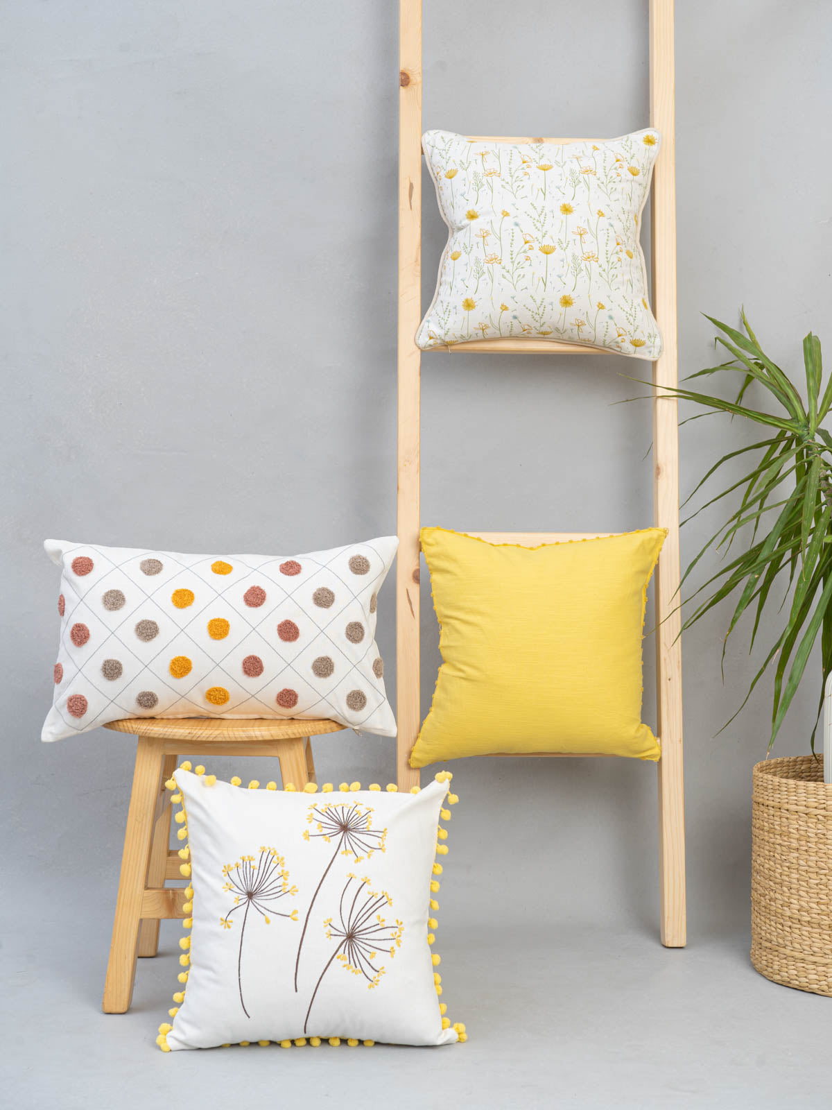 Dancing Dandelion, Solid Primrose, Dainty Dots , Drifting Dandelion Yellow Set Of 4 Combo Cotton Cushion Cover - Yellow