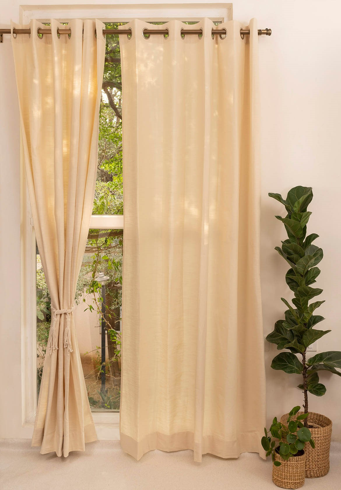 Solid Cream 100% Customizable Cotton plain curtain for bedroom - Room darkening