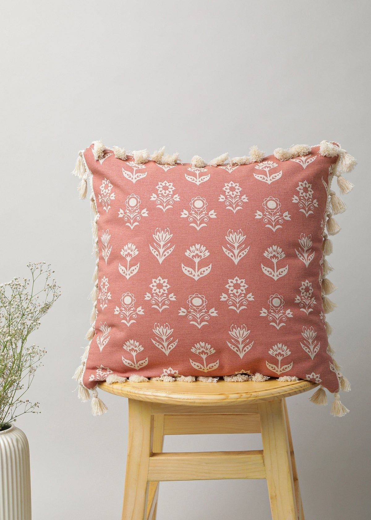 Dahlia floral prints 100% cotton Cushion cover for sofa with tassels - Mustard, Nile Blue, Rust