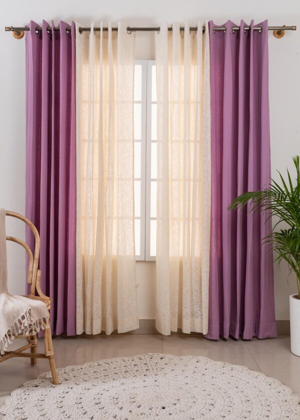 Dusty Lavender Linen, Trailing Berries Sheer Set Of 4 Combo Cotton Curtain - Lavender, Cream