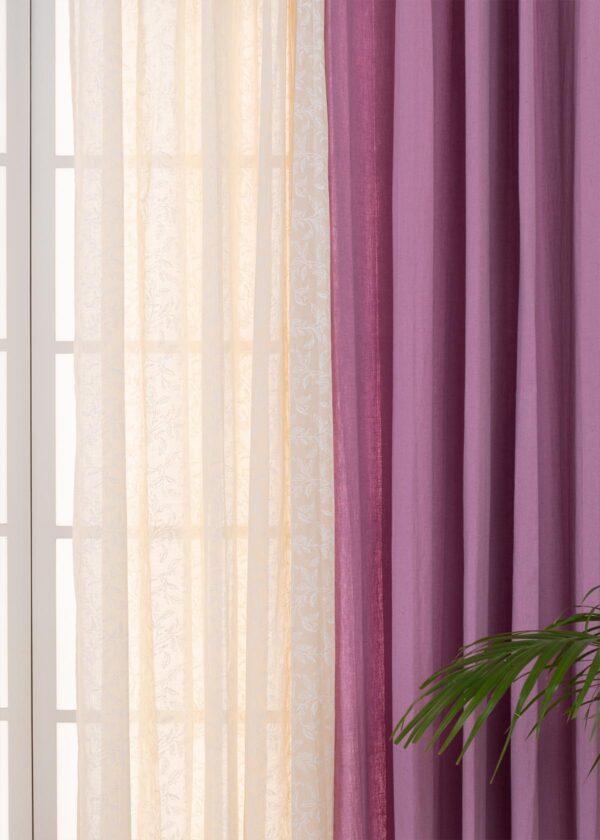 Dusty Lavender Linen, Trailing Berries Sheer Set Of 4 Combo Cotton Curtain - Lavender, Cream