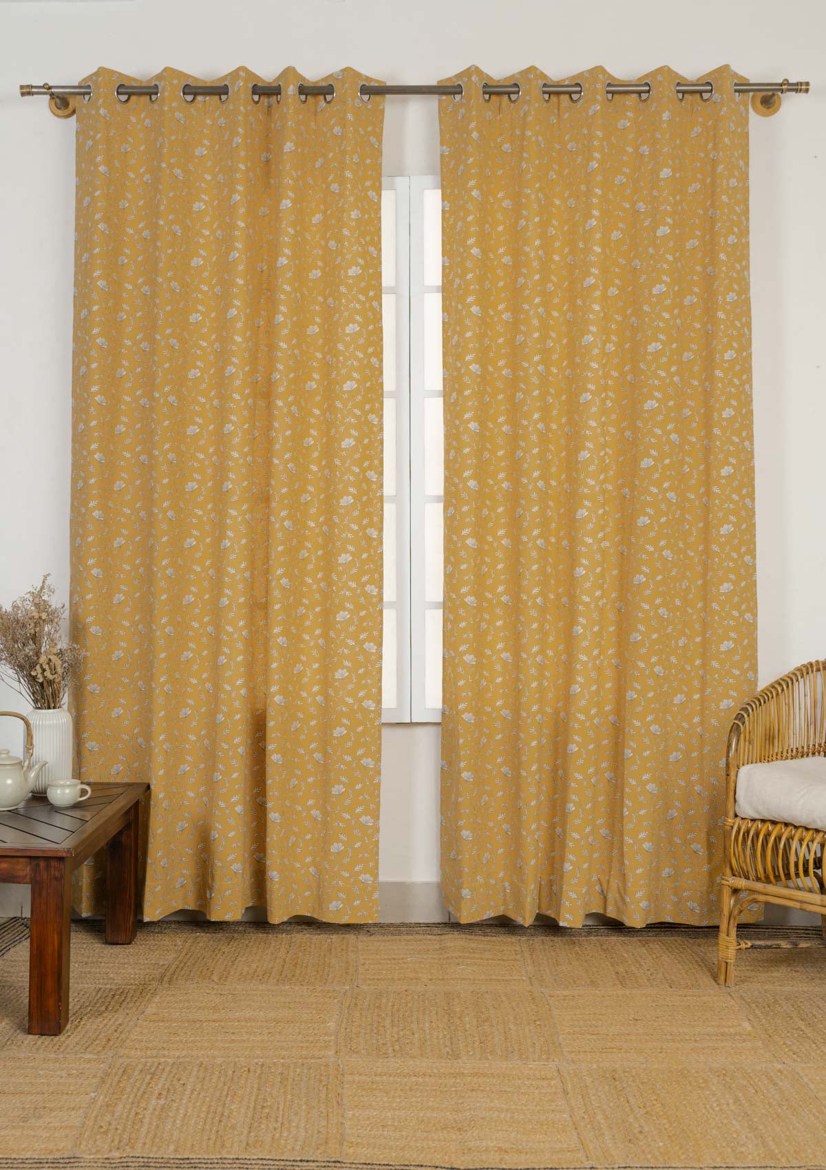 Eden mustard 100% cotton floral customisable curtain for bed room - Room darkening