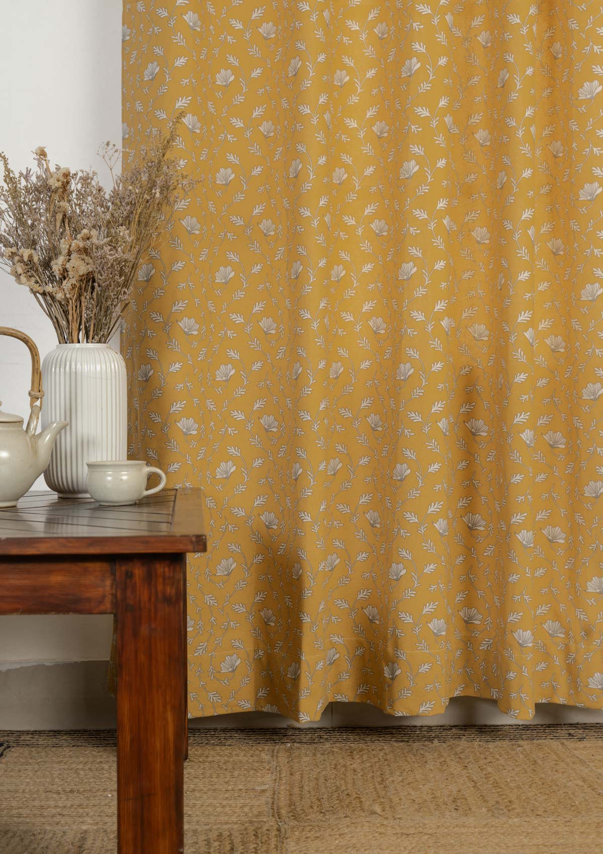 Eden mustard 100% cotton floral customisable curtain for bed room - Room darkening