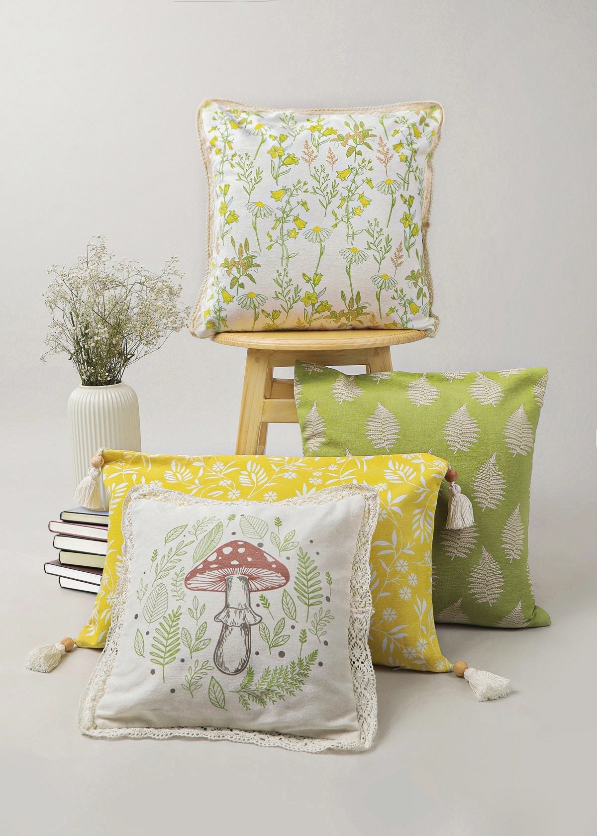 Fairy Ring 16", Tulip Garden 16" , Ferns 16" Yellow Daisy Lumbar Set Of 4 Combo Cotton Cushion Cover - Yellow And Cream