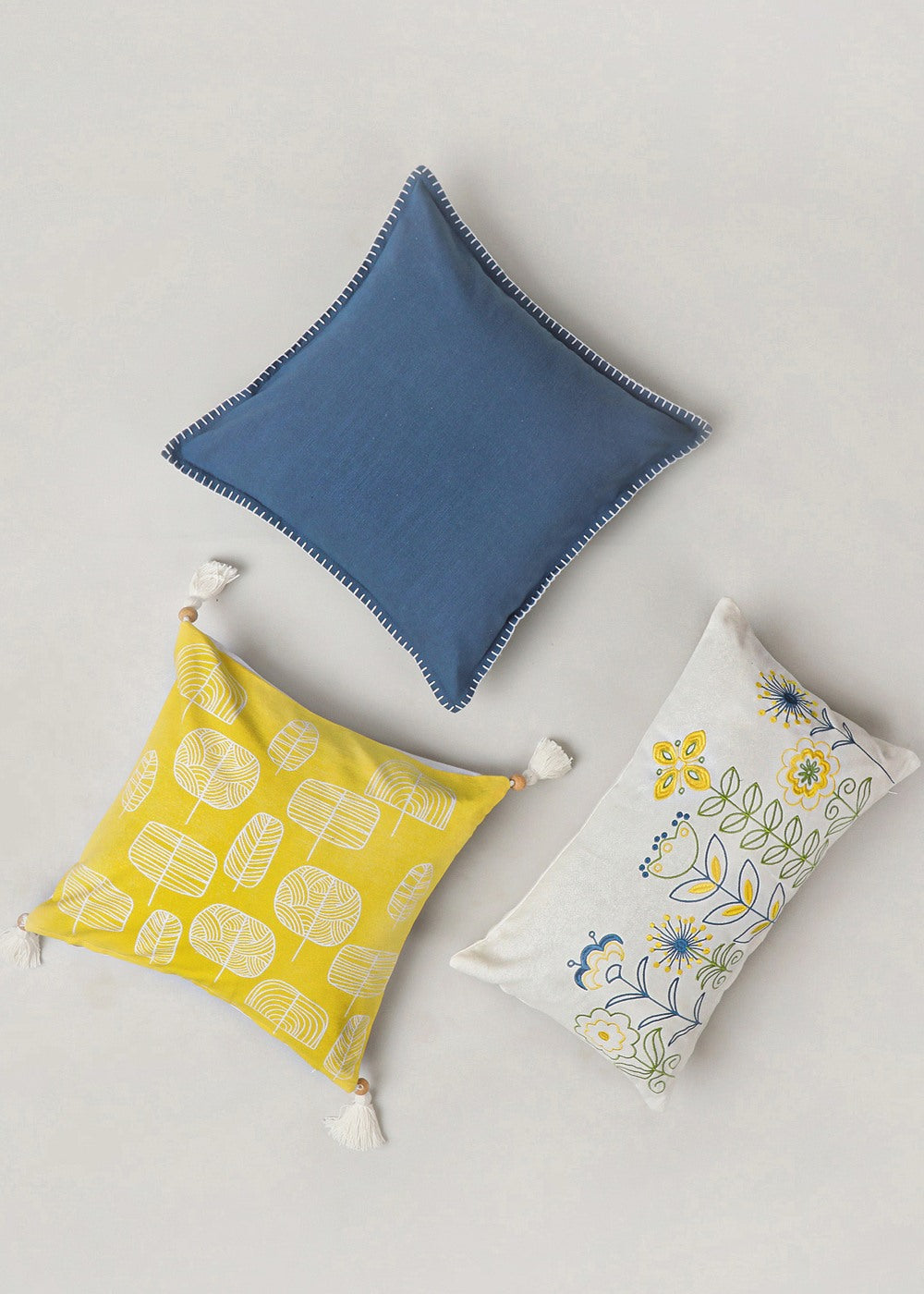 Flowerbed Lumbar, Spring Forest 16", Royal Blue 16" Set Of 3 Combo Cotton Cushion Cover - Yellow And Blue