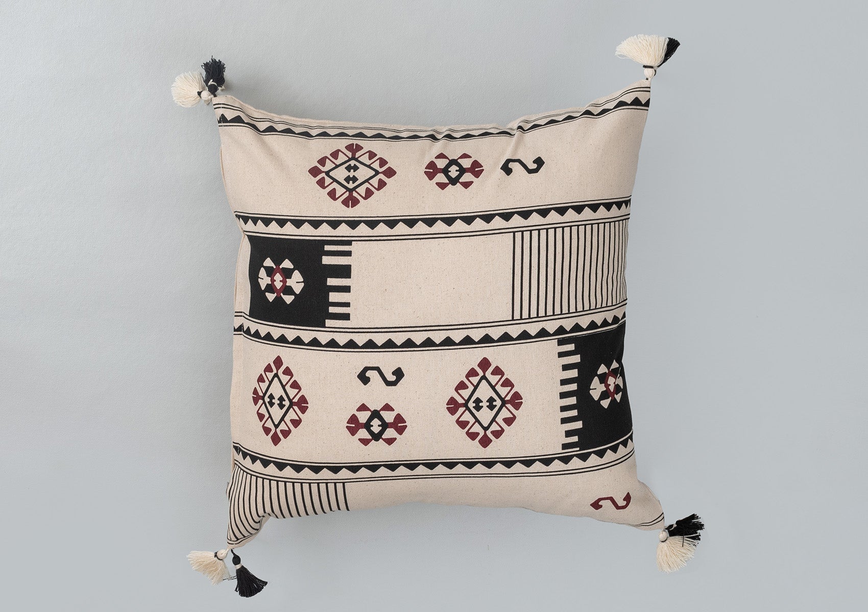 Saga boho geometric prints with tassles 100% cotton cushion cover for sofa - Black