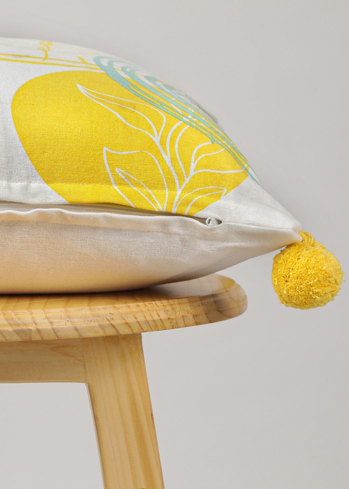 Free Spirit 100% cotton abstract cushion cover for sofa with yellow pom pom - Yellow