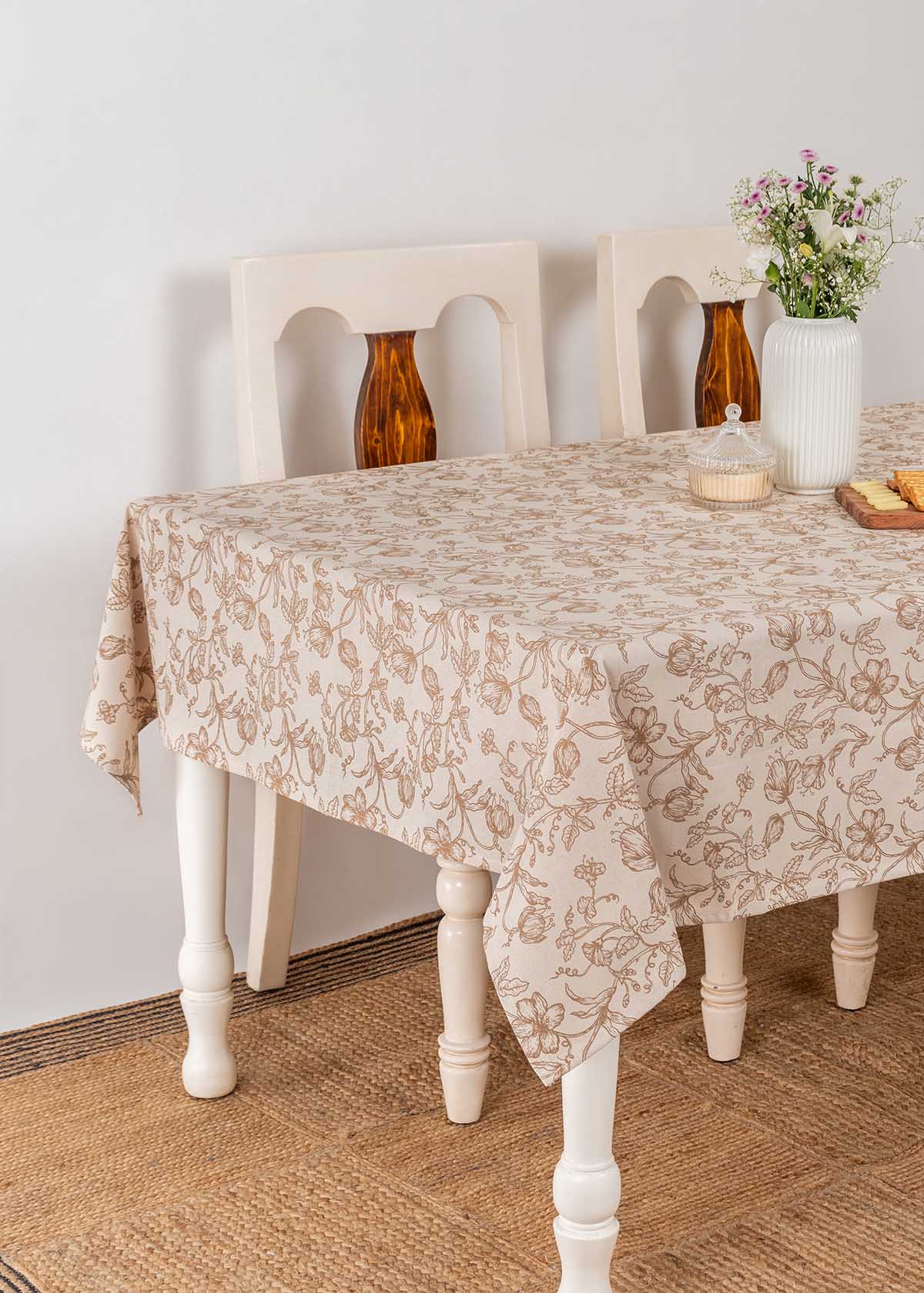 French Farmhouse neutral prints 100% cotton table cloth for 4 seater, 6 seater, 8 seater for dining table - Beige