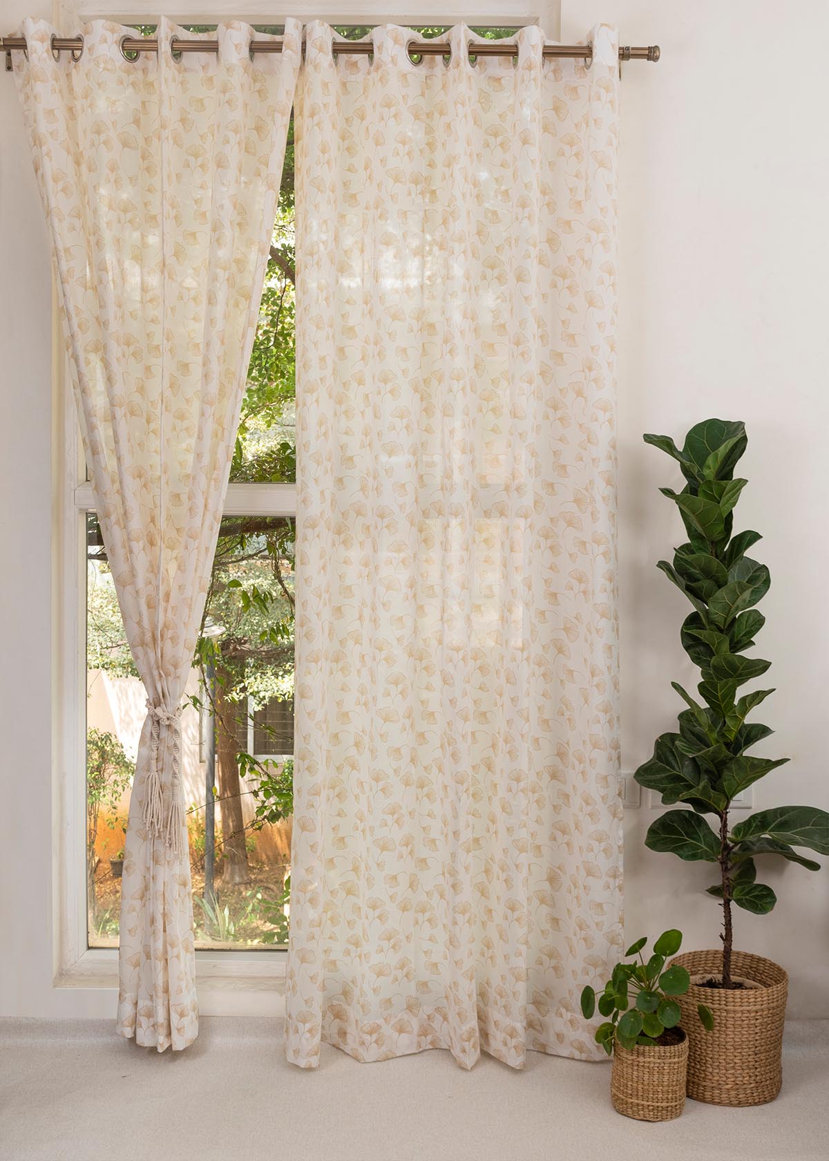 Gingko floral prints 100% cotton sheer curtain for living room -  Light filtering - Multicolor - Single Panel