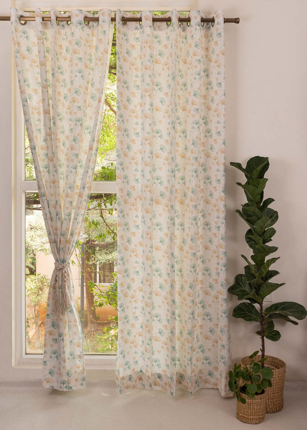 Gingko floral prints 100% cotton curtain for living room - Room darkening - Nile Blue - Single Panel
