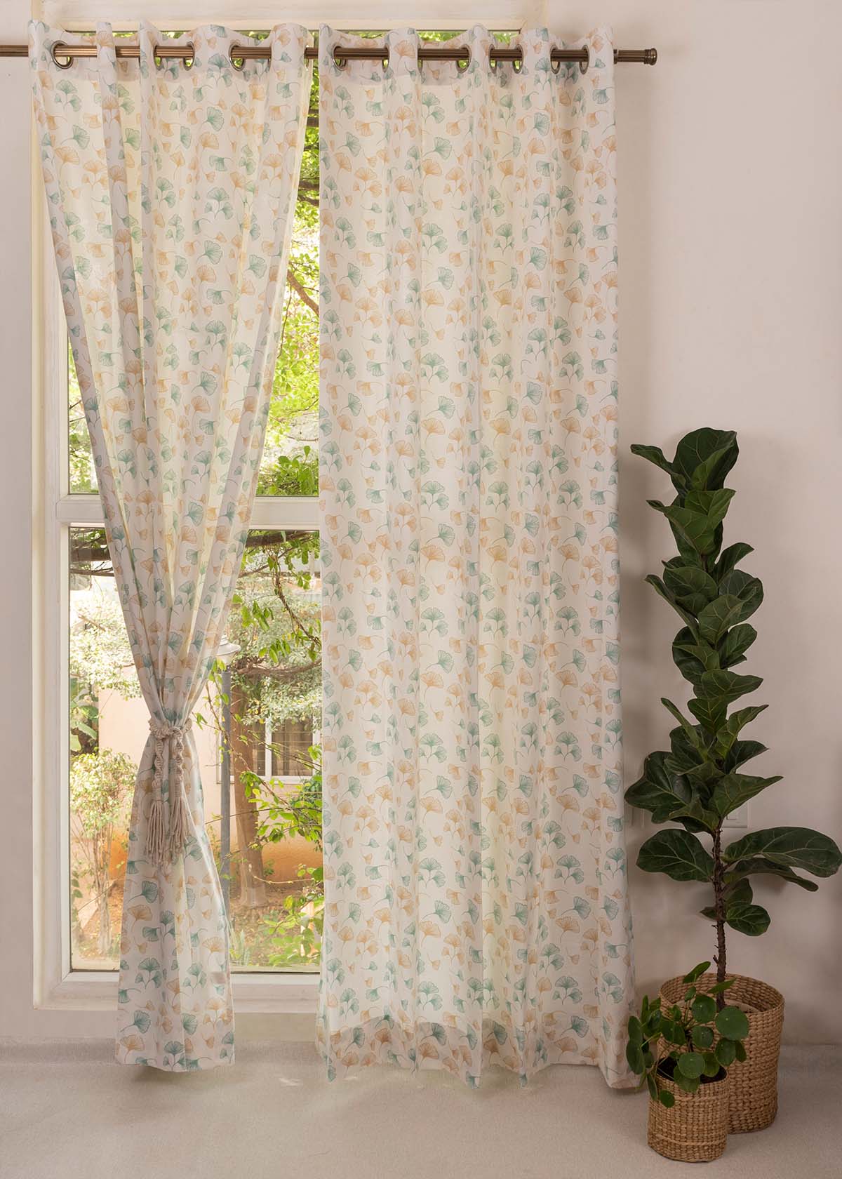 Gingko floral prints 100% cotton curtain for living room - Room darkening - Nile Blue - Single Panel