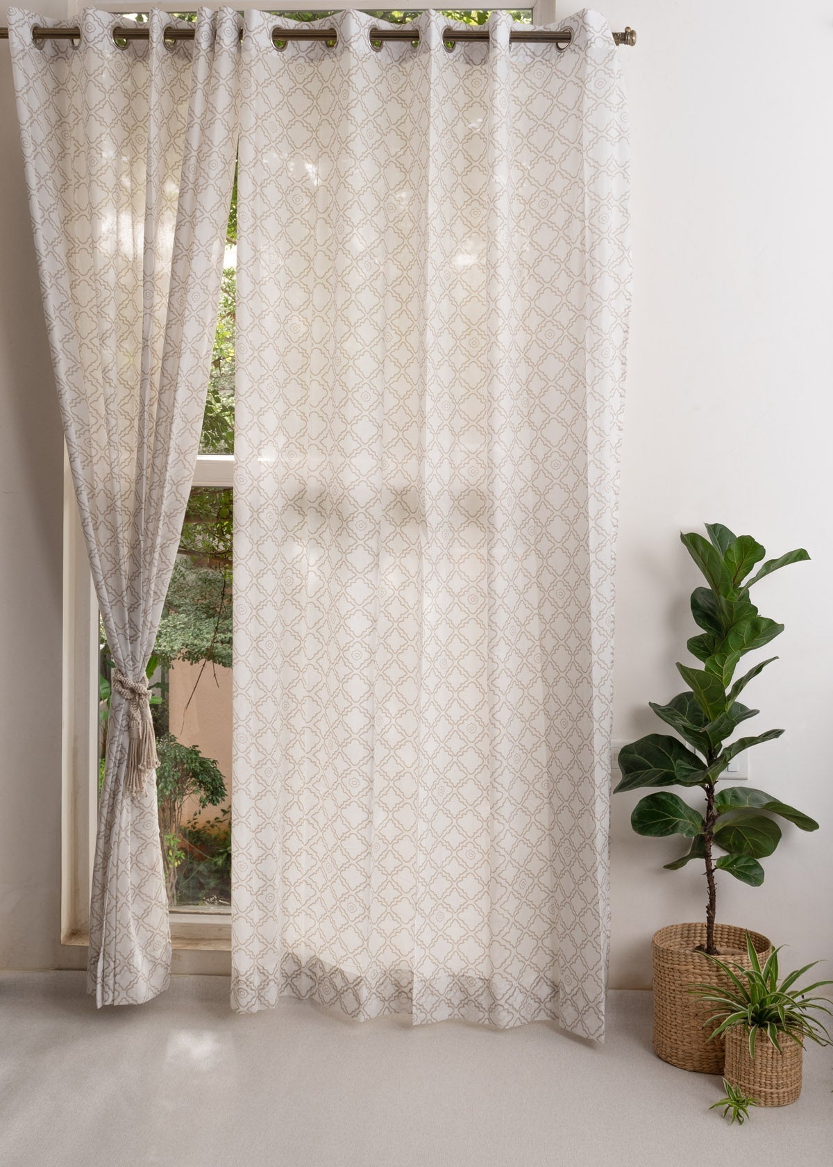 Lattice geometric 100% cotton Sheer curtain for Living room & bedroom - Light filtering - Walnut Grey - Single panel