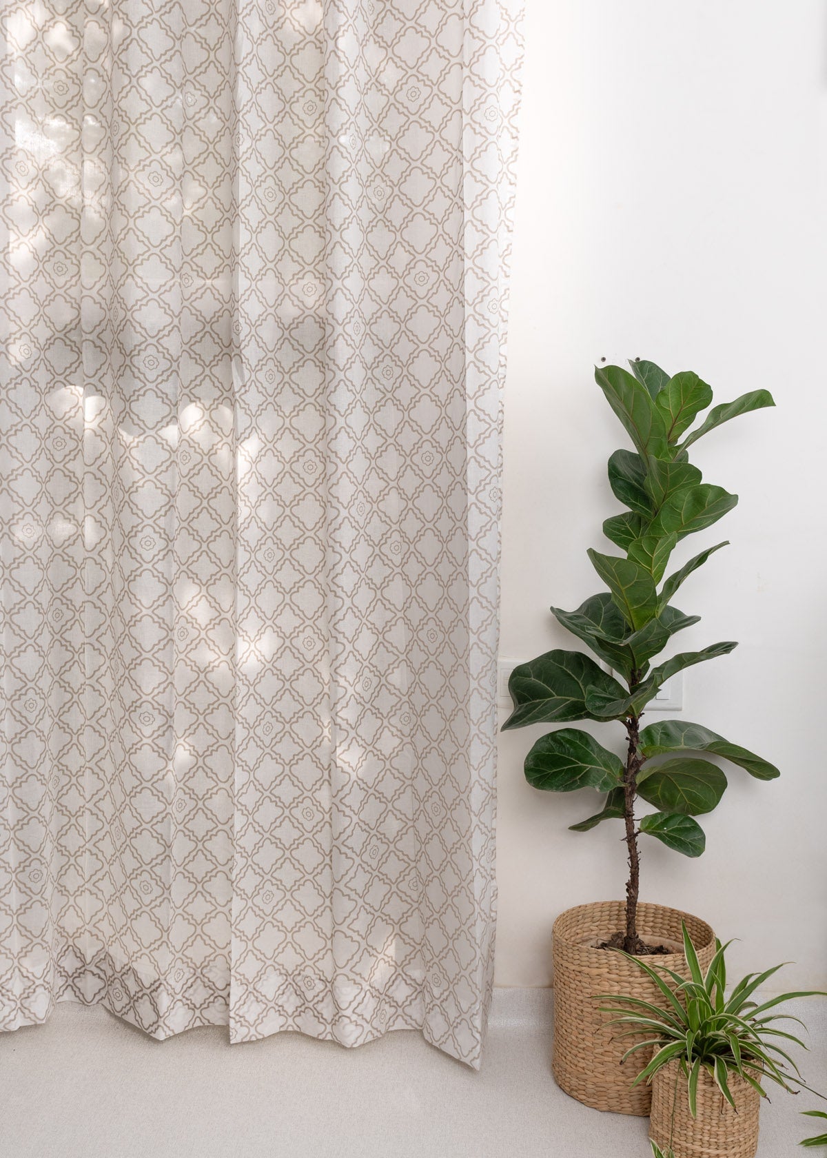 Lattice geometric 100% cotton Sheer curtain for Living room & bedroom - Light filtering - Walnut Grey - Single panel