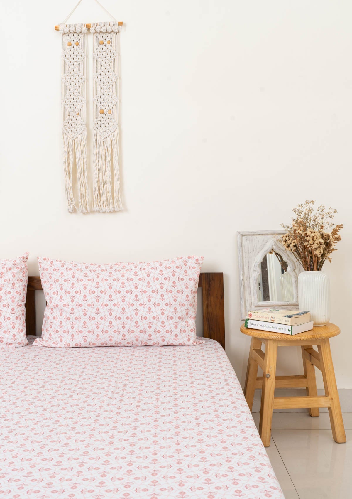 Moroccon printed 100% cotton Flat sheet with pillow covers - Blush