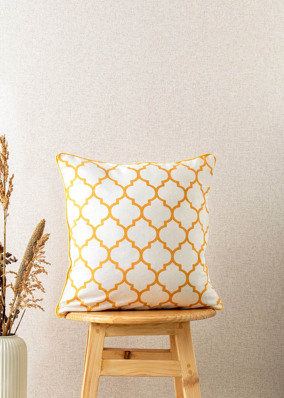 Trellis geometric Prints with piping 100% cotton cushion cover for sofa - Mustard, Walnut Grey