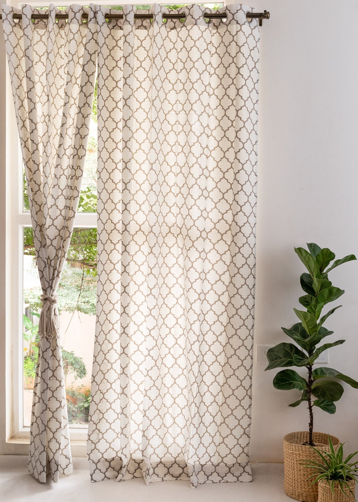 Trellis Printed 100% Customizable Cotton geometric curtain for bed room - Room darkening - Walnut Grey