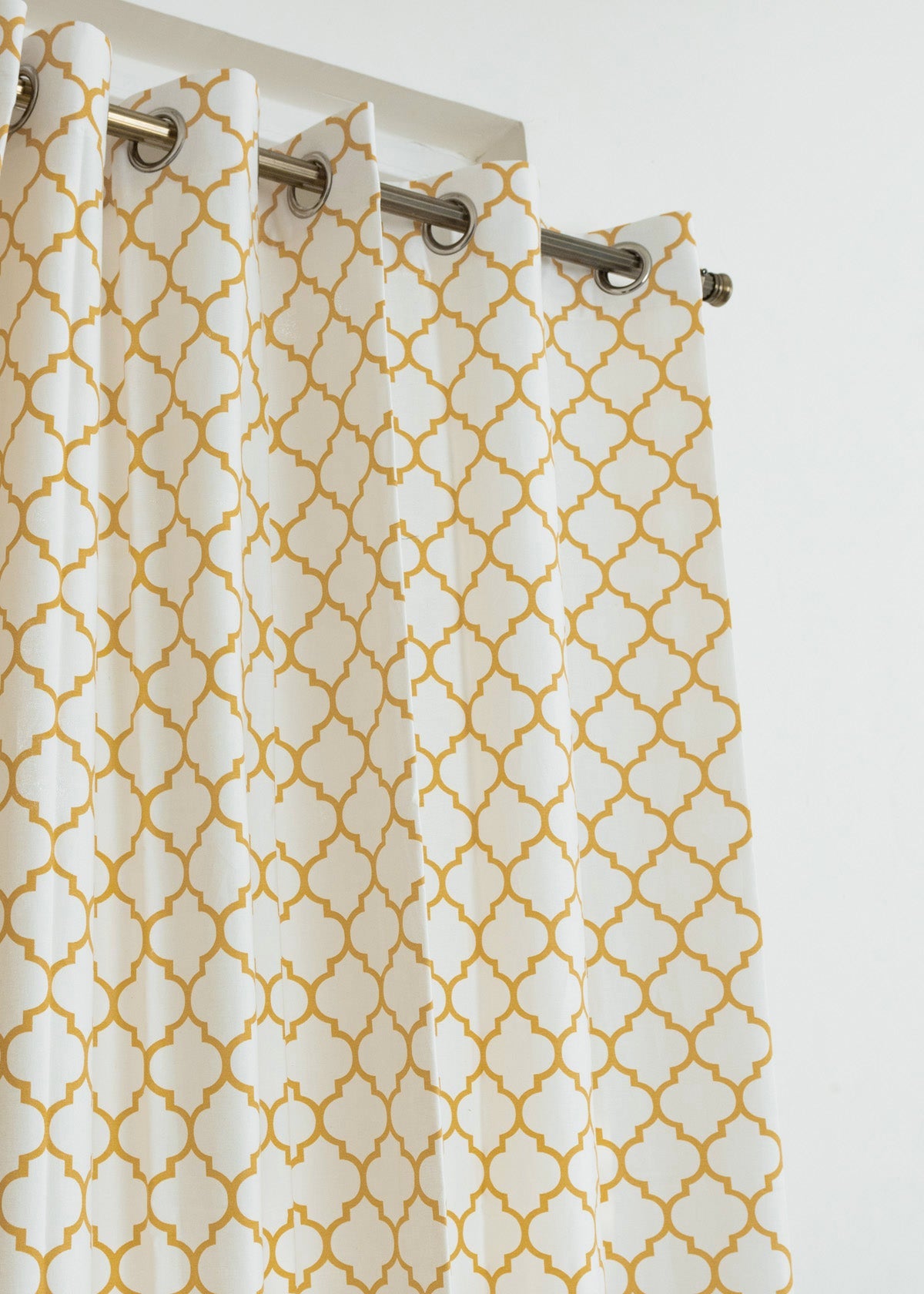 Trellis geometric Printed 100% cotton curtain for Living room and Bed room - Room darkening - Mustard, Royal Blue and Walnut Grey