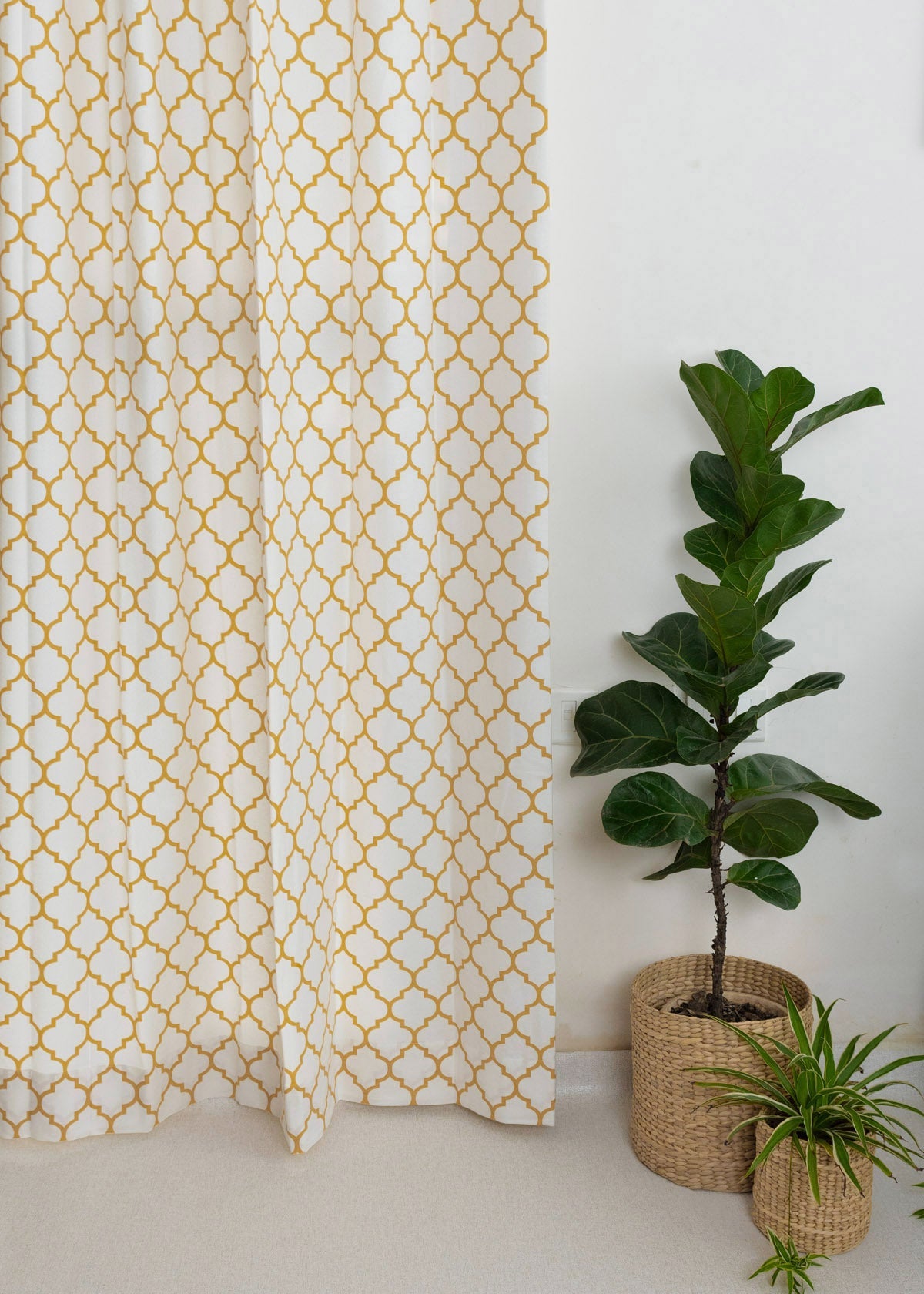 Trellis geometric Printed 100% cotton curtain for Living room and Bed room - Room darkening - Mustard, Royal Blue and Walnut Grey