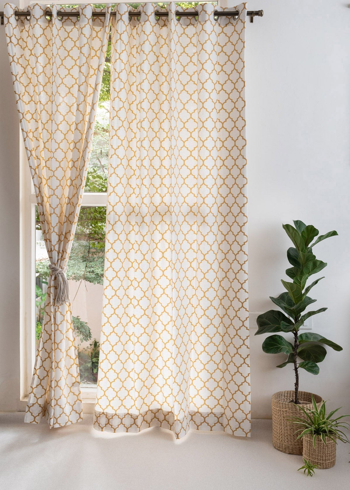 Trellis geometric Printed 100% cotton curtain for Living room and Bed room - Room darkening - Mustard, Royal Blue and Walnut Grey