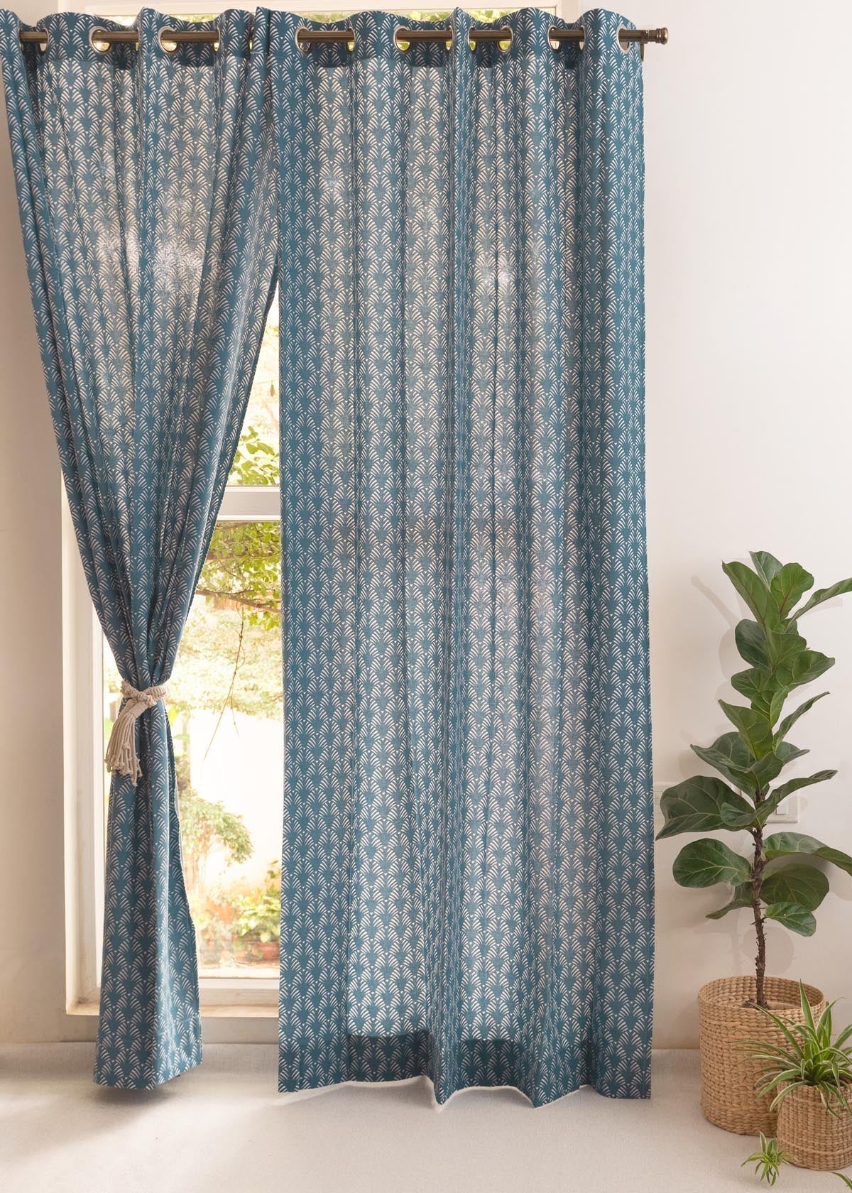 Pergola geometric prints 100% cotton curtain for Living room & Bed room - Room darkening - Indigo, Nile Blue - Single Panel