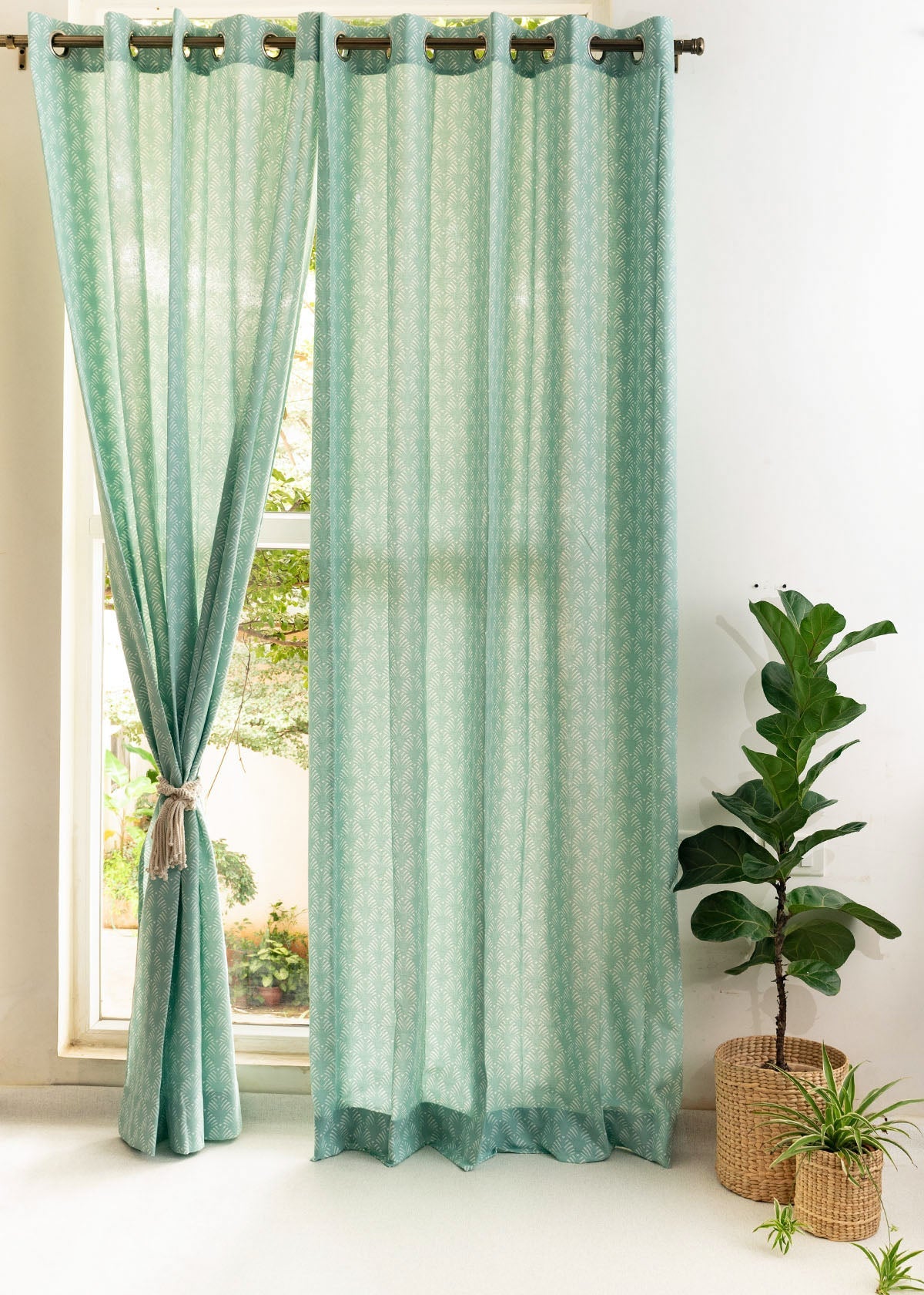 Pergola geometric prints 100% cotton curtain for Living room & Bed room - Room darkening - Indigo, Nile Blue - Single Panel