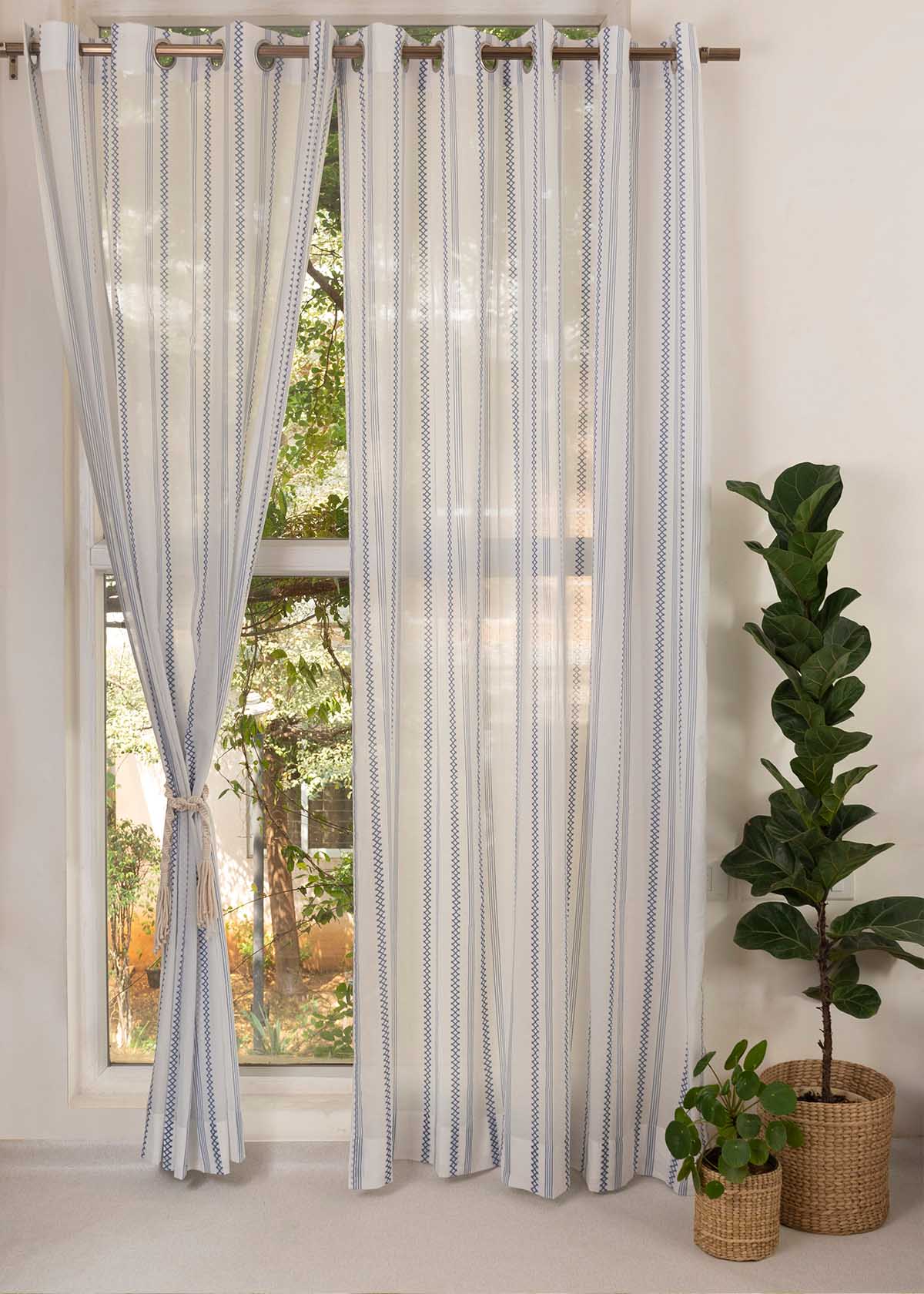 Picket Fence geometric prints 100% Cotton Sheer curtain for Living room & bedroom - Light filtering - Royal Blue, Sage Green & Walnut Grey - Single Panel