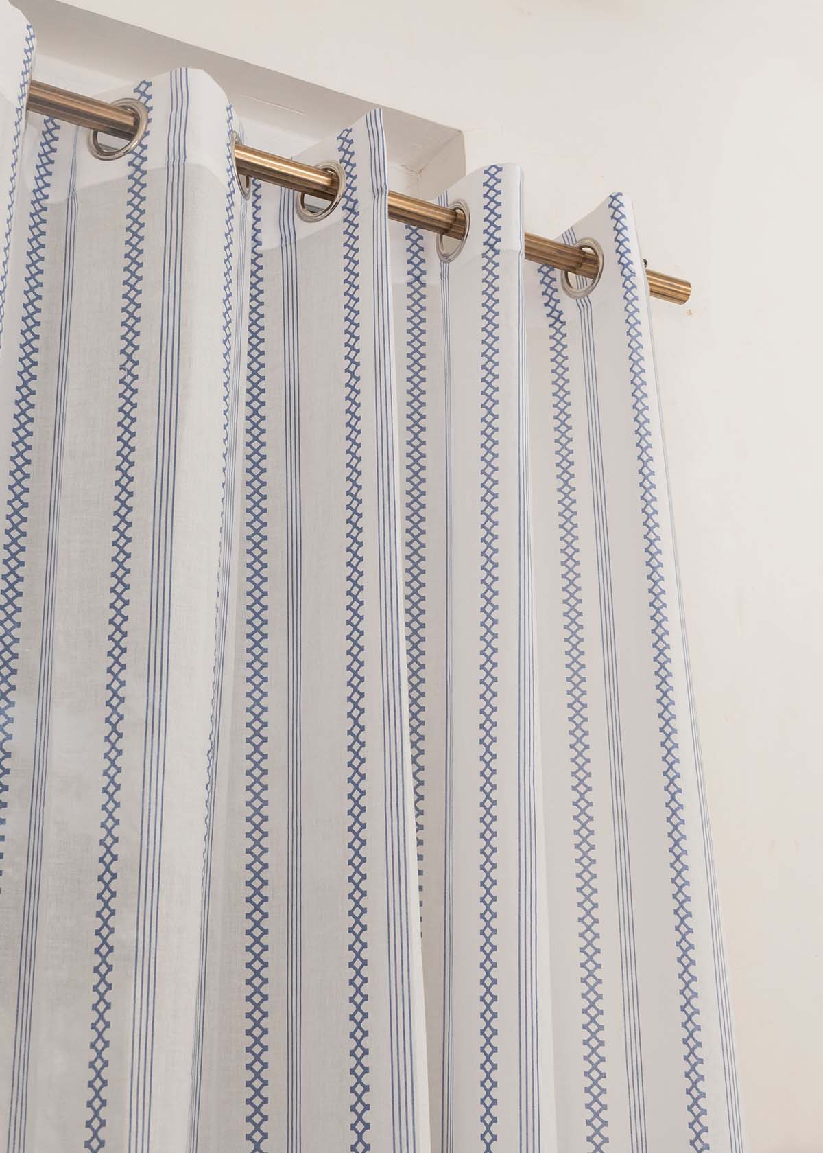 Picket Fence geometric prints 100% Cotton Sheer curtain for Living room & bedroom - Light filtering - Royal Blue, Sage Green & Walnut Grey - Single Panel