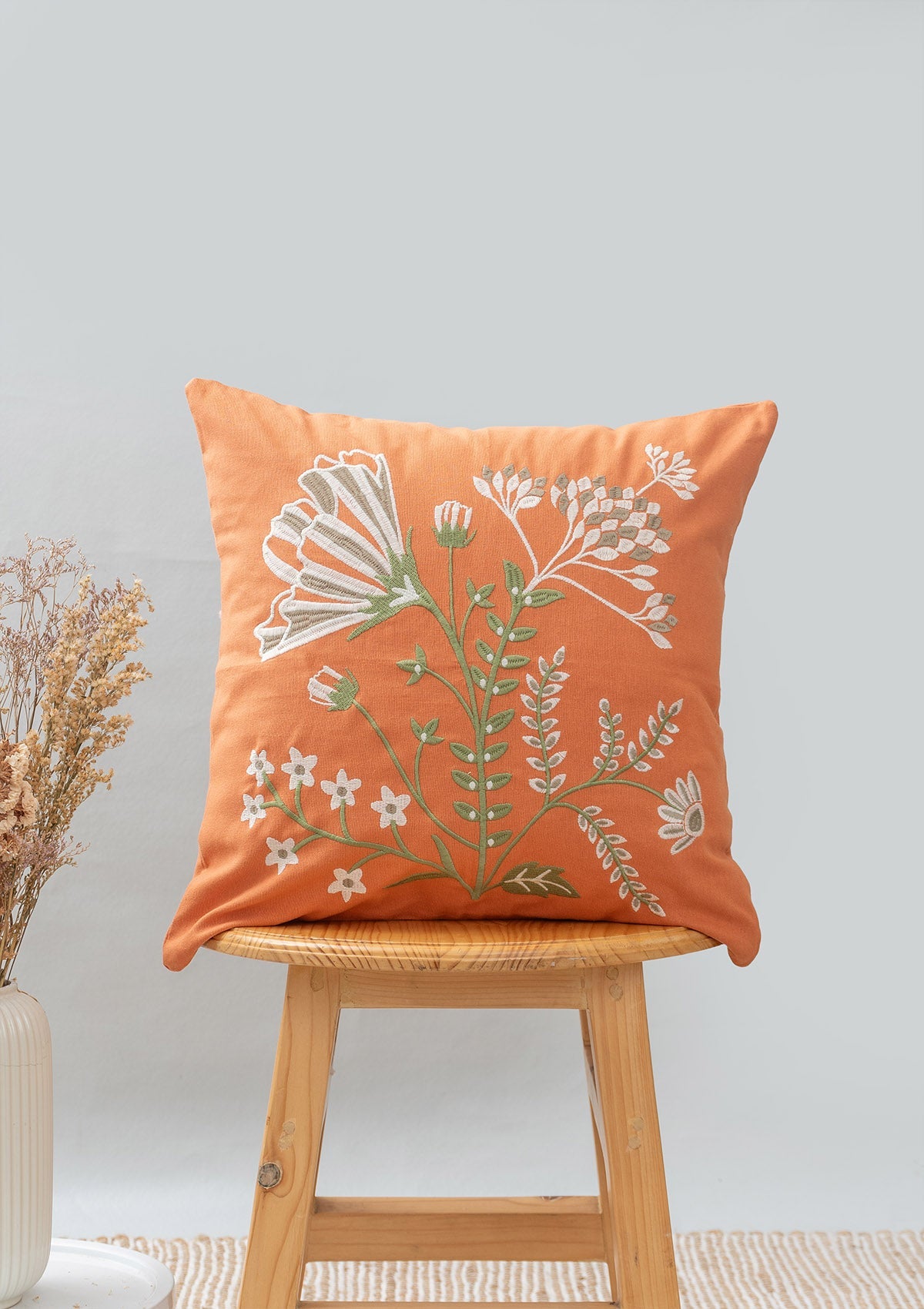 Poppy floral embroidered 100% cotton cushion cover for sofa - Orange