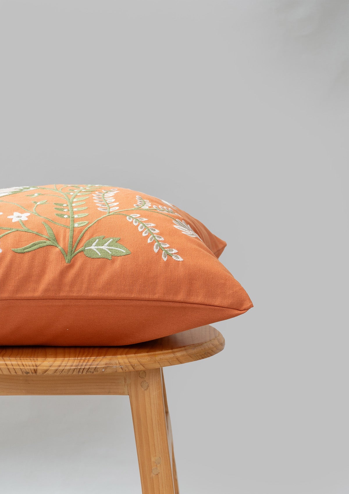 Poppy floral embroidered 100% cotton cushion cover for sofa - Orange