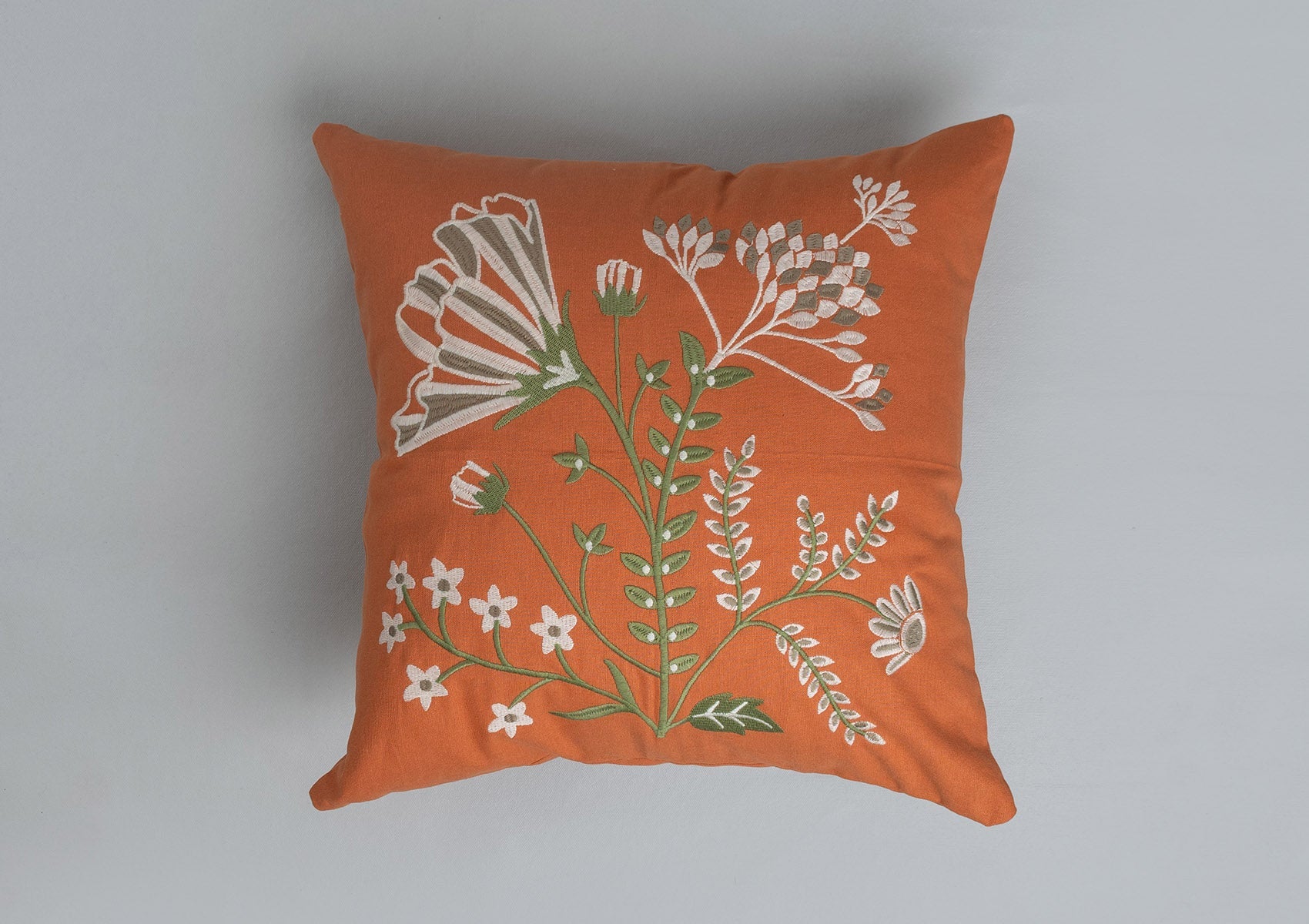 Poppy floral embroidered 100% cotton cushion cover for sofa - Orange