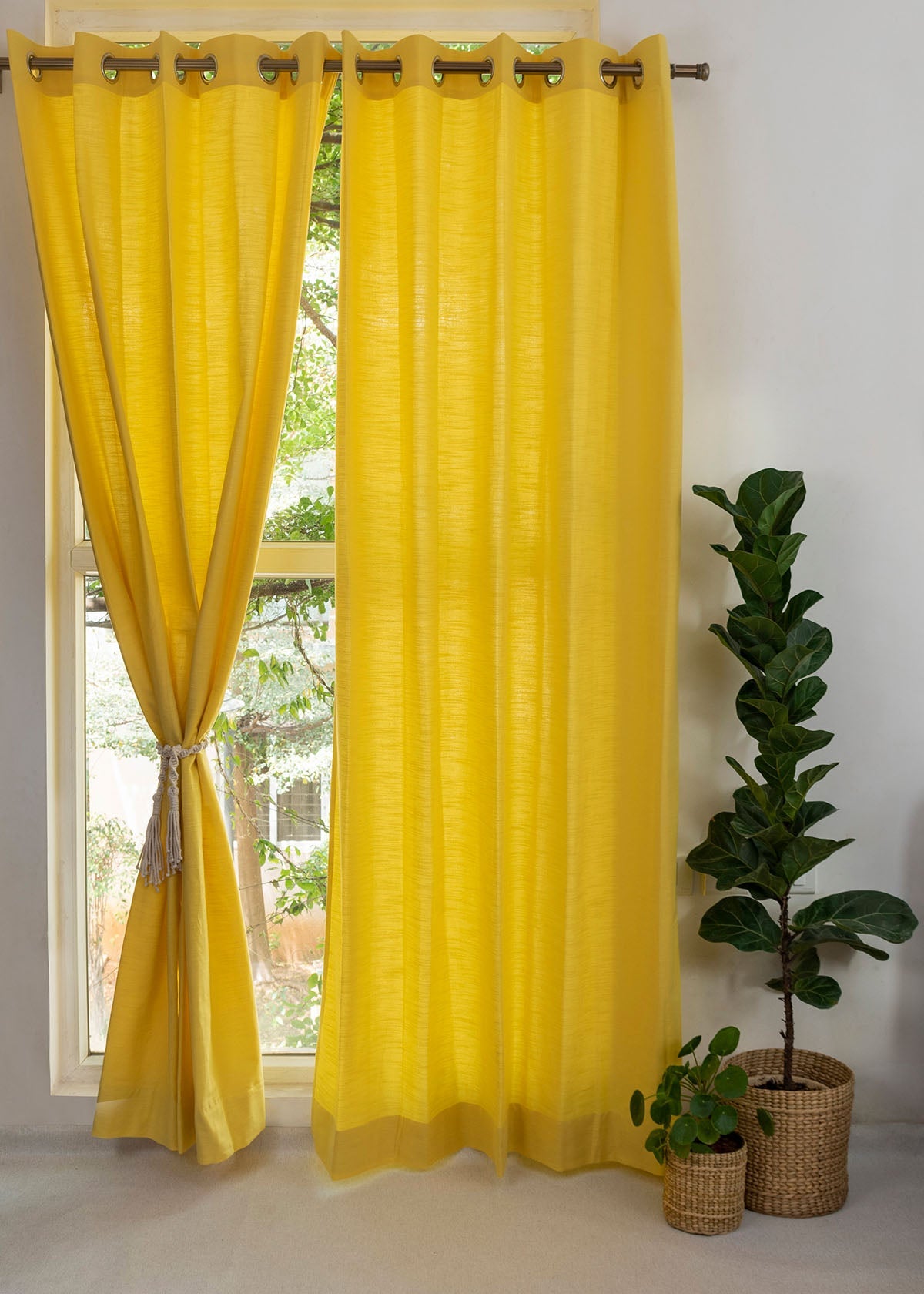 Solid Primrose yellow 100% Customizable Cotton plain curtain for bedroom - Room darkening